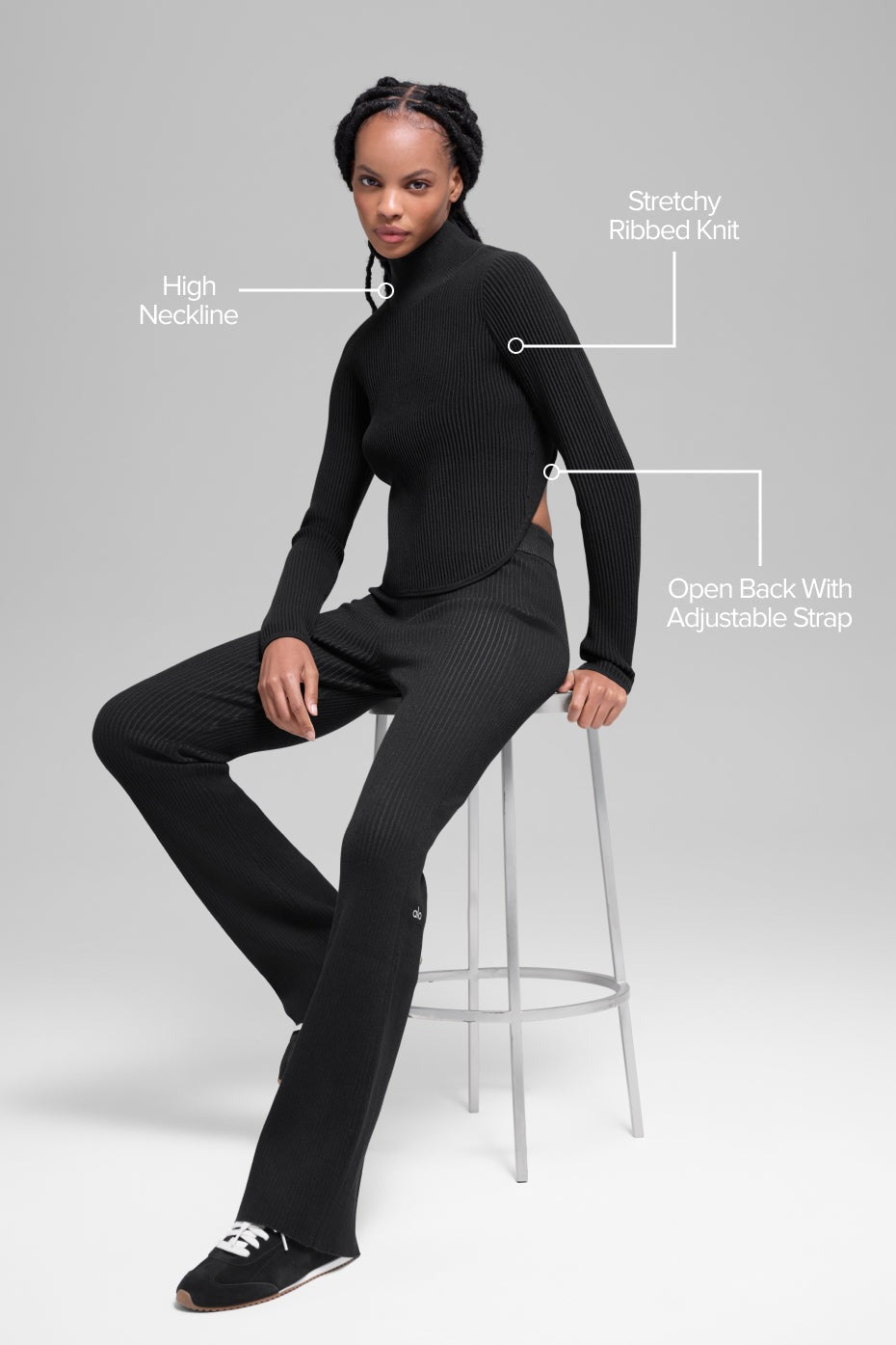 Denim Knit Backless Long Sleeve - Black/Anthracite