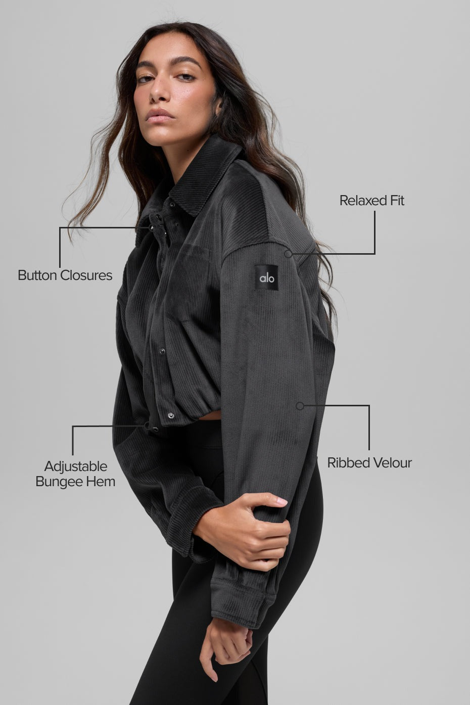 Ribbed Velour Cropped Mountain Side Jacket - Black